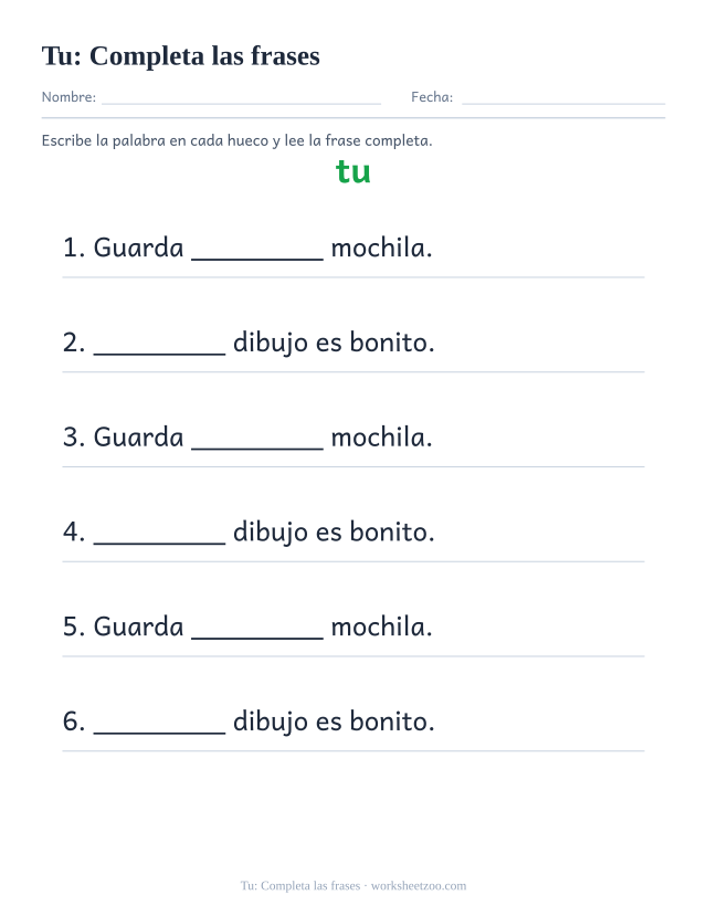 Ficha de la palabra frecuente «tu», completa las frases para imprimir