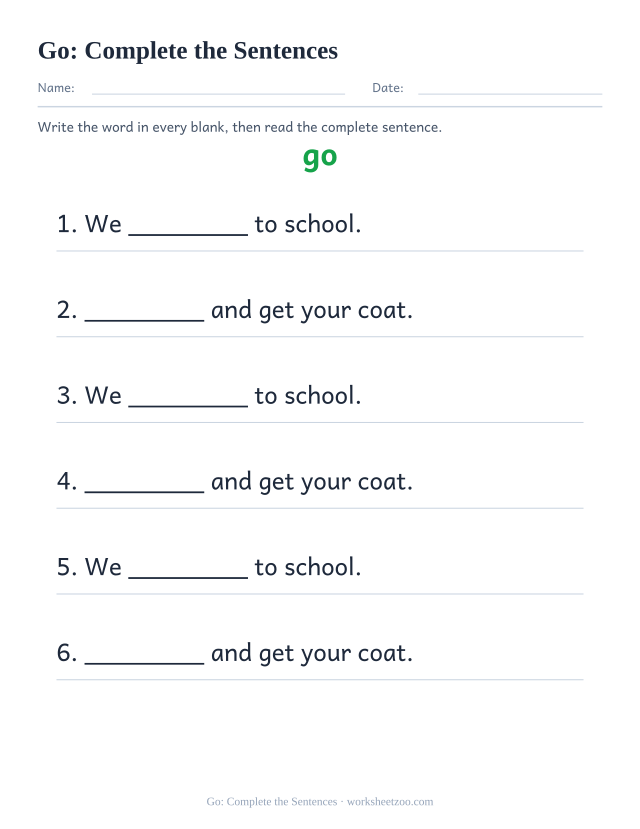 Sight word “go” worksheet, complete the sentences printable activity