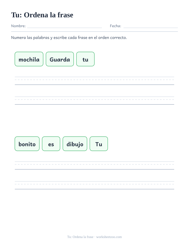 Ficha de la palabra frecuente «tu», ordena la frase para imprimir