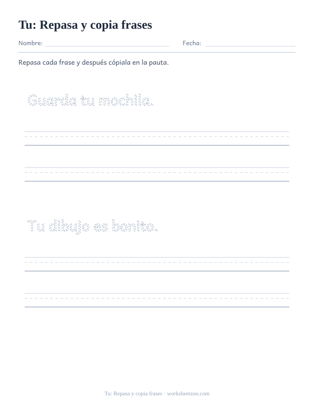 Ficha de la palabra frecuente «tu», repasa y copia frases para imprimir