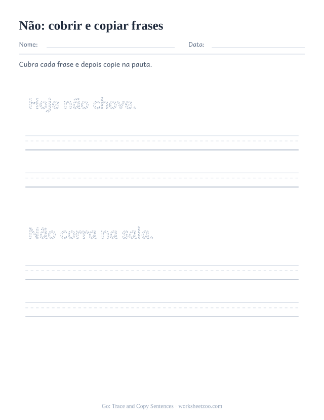 Prévia da palavra frequente “não”, cobrir e copiar frases