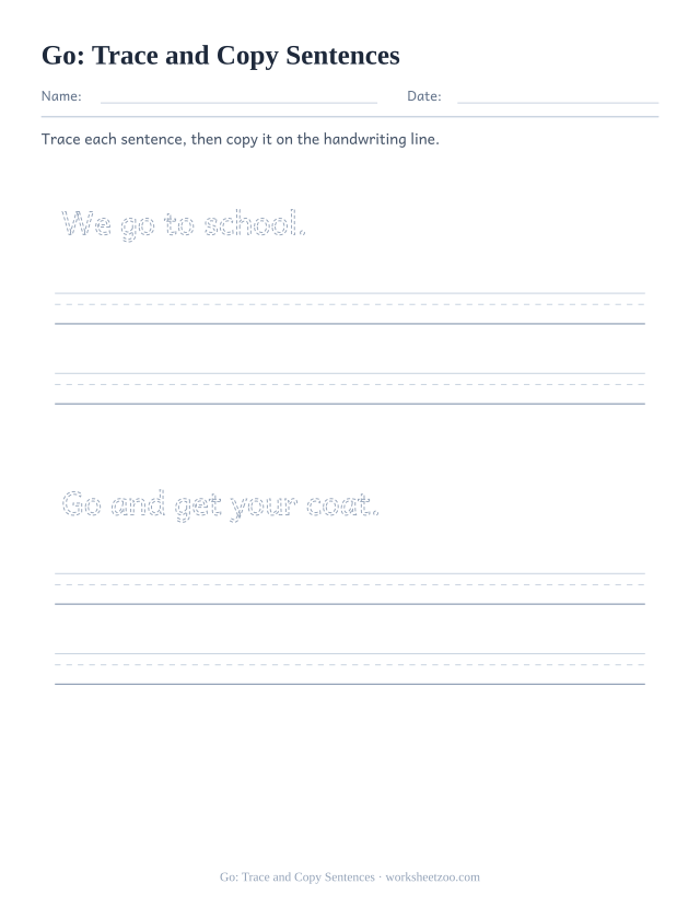 Sight word “go” worksheet, trace and copy sentences printable activity