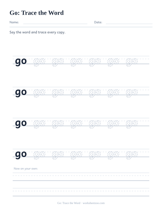Sight word “go” worksheet, trace the word printable activity