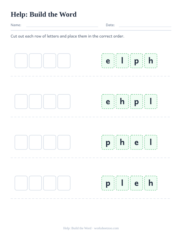 Sight word “help” worksheet, build the word printable activity