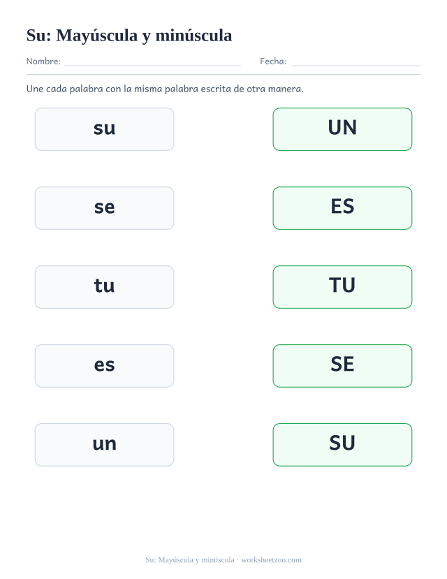 Ficha de la palabra frecuente «su», mayúscula y minúscula para imprimir