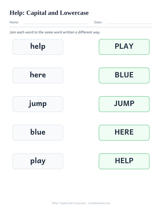 Sight word “help” worksheet, capital and lowercase printable activity