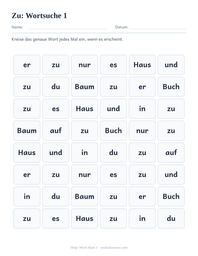 Vorschau: häufiges Wort „zu“, Wortsuche 1