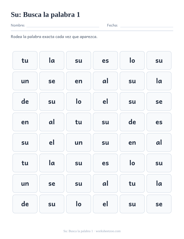 Ficha de la palabra frecuente «su», busca la palabra 1 para imprimir