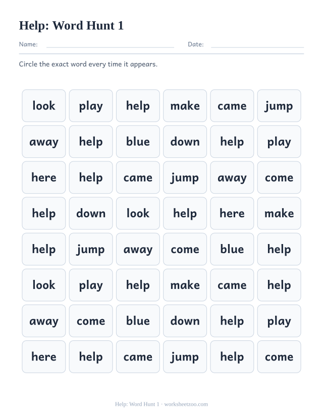 Sight word “help” worksheet, word hunt 1 printable activity
