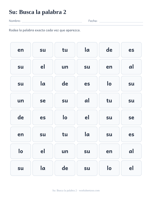 Ficha de la palabra frecuente «su», busca la palabra 2 para imprimir