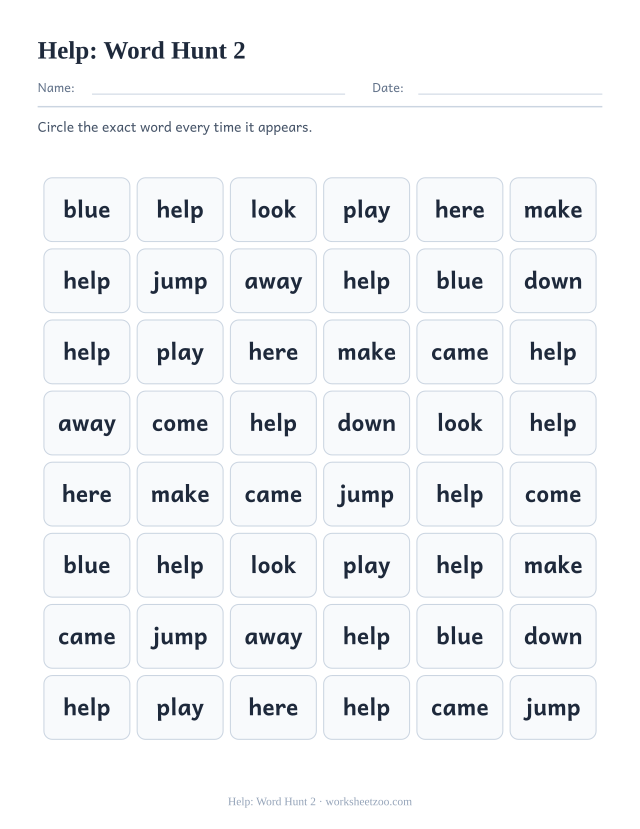 Sight word “help” worksheet, word hunt 2 printable activity