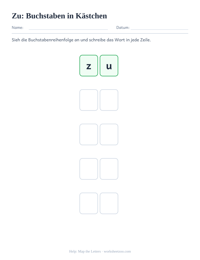 Vorschau: häufiges Wort „zu“, Buchstaben in Kästchen