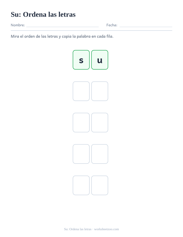 Ficha de la palabra frecuente «su», ordena las letras para imprimir