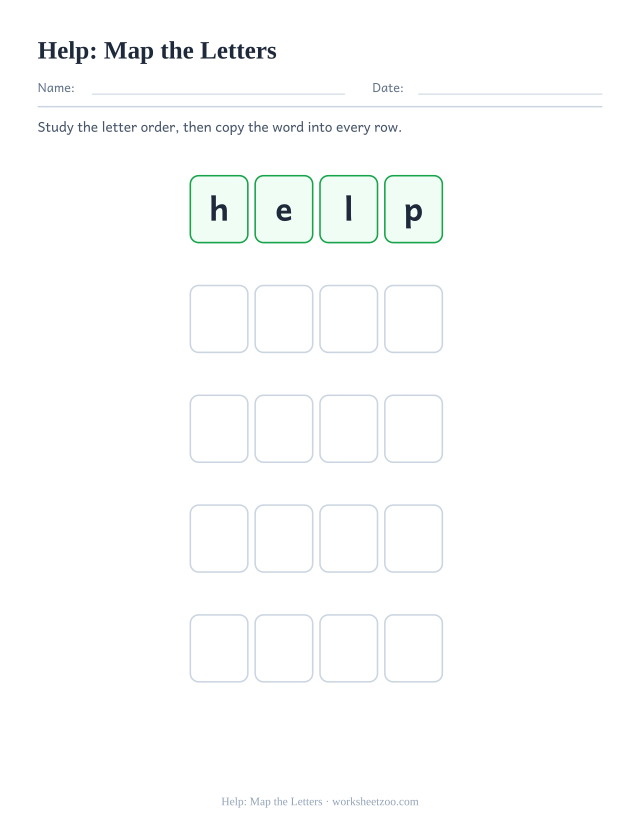 Sight word “help” worksheet, map the letters printable activity