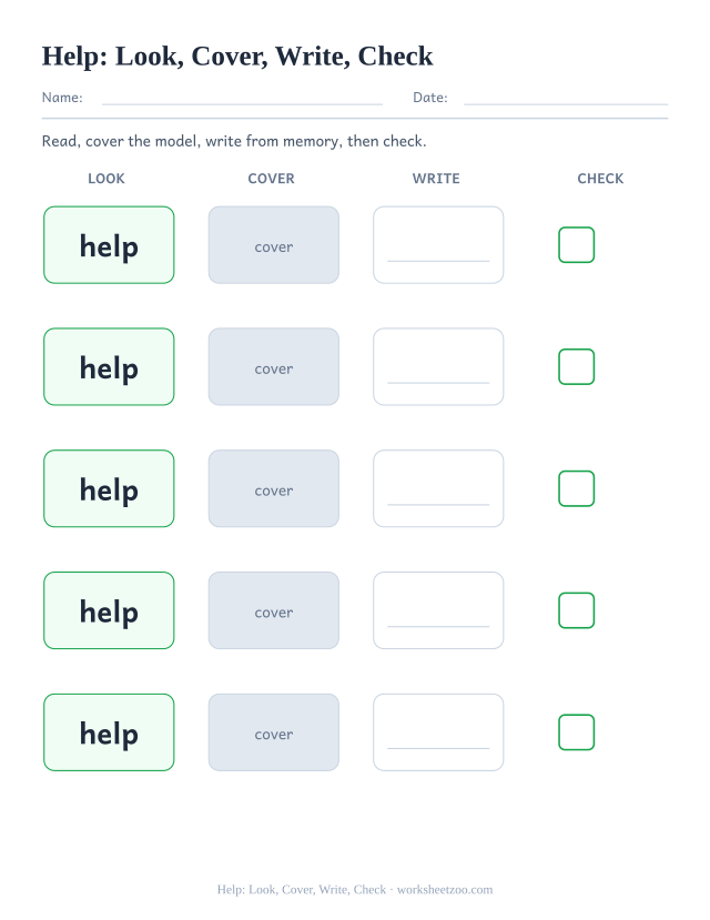 Sight word “help” worksheet, look, cover, write, check printable activity