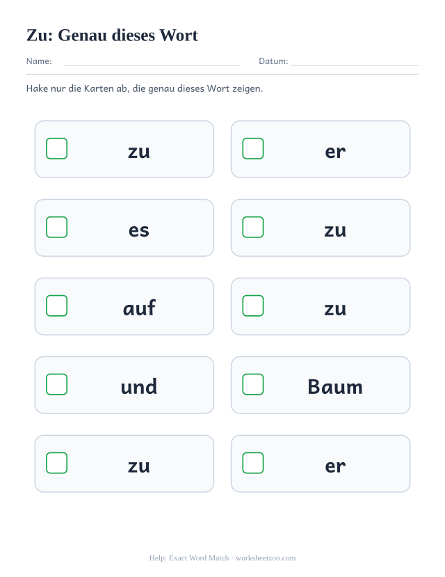 Vorschau: häufiges Wort „zu“, Genau dieses Wort