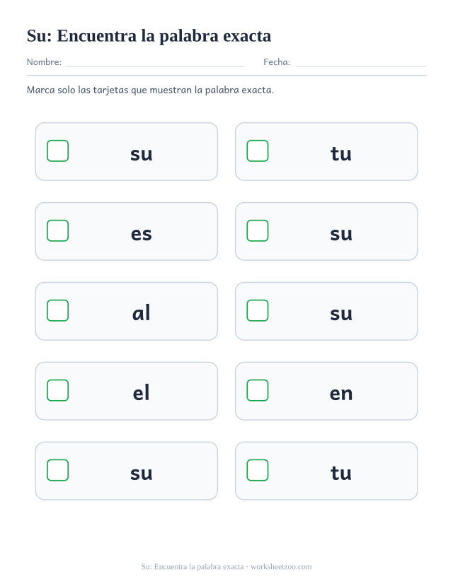 Ficha de la palabra frecuente «su», encuentra la palabra exacta para imprimir