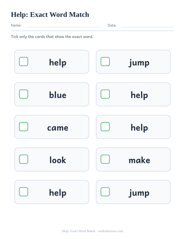 Sight word “help” worksheet, exact word match printable activity