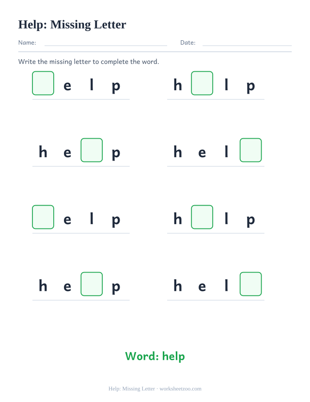Sight word “help” worksheet, missing letter printable activity