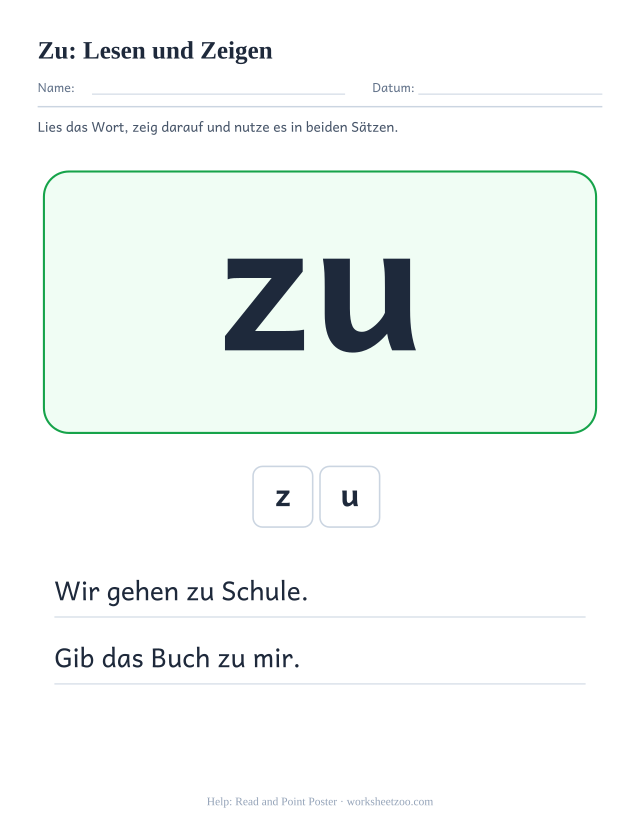 Vorschau: häufiges Wort „zu“, Lesen und Zeigen