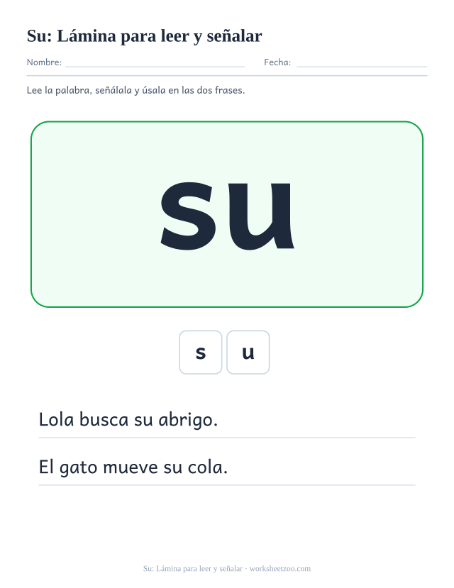 Ficha de la palabra frecuente «su», lámina para leer y señalar para imprimir