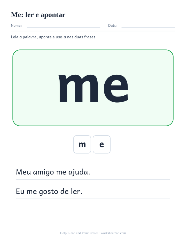 Prévia da palavra frequente “me”, ler e apontar