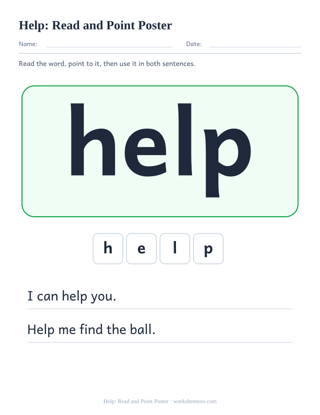 Sight word “help” worksheet, read and point poster printable activity