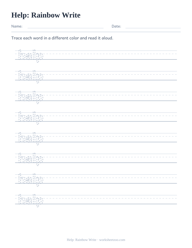 Sight word “help” worksheet, rainbow write printable activity