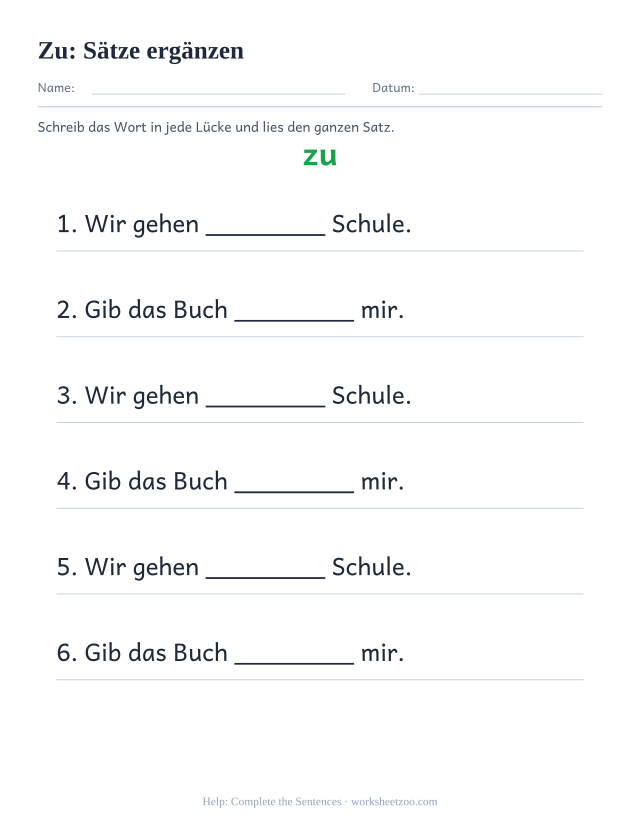 Vorschau: häufiges Wort „zu“, Sätze ergänzen