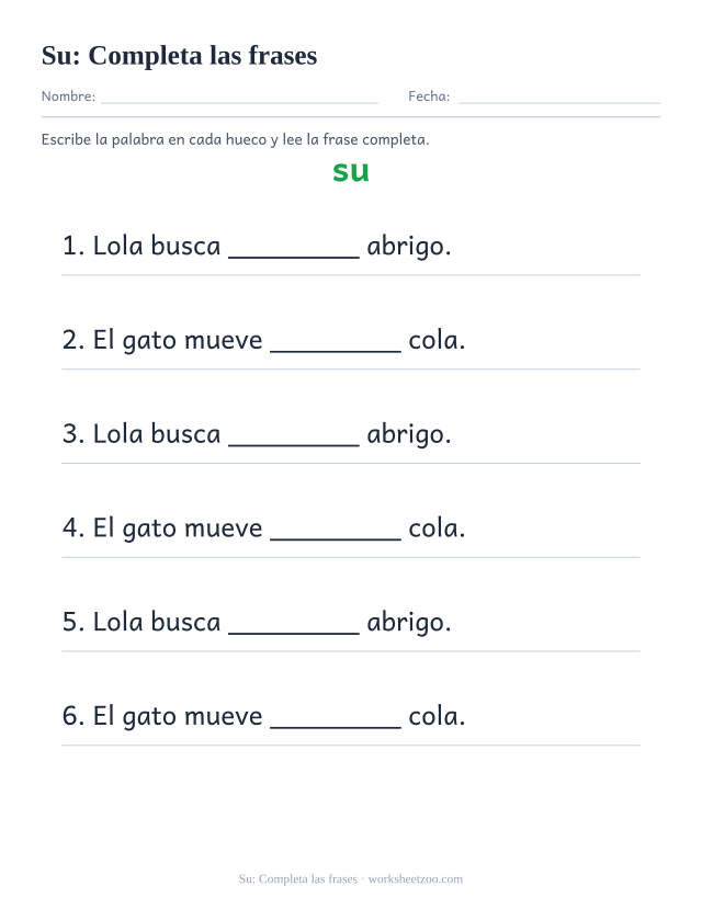 Ficha de la palabra frecuente «su», completa las frases para imprimir