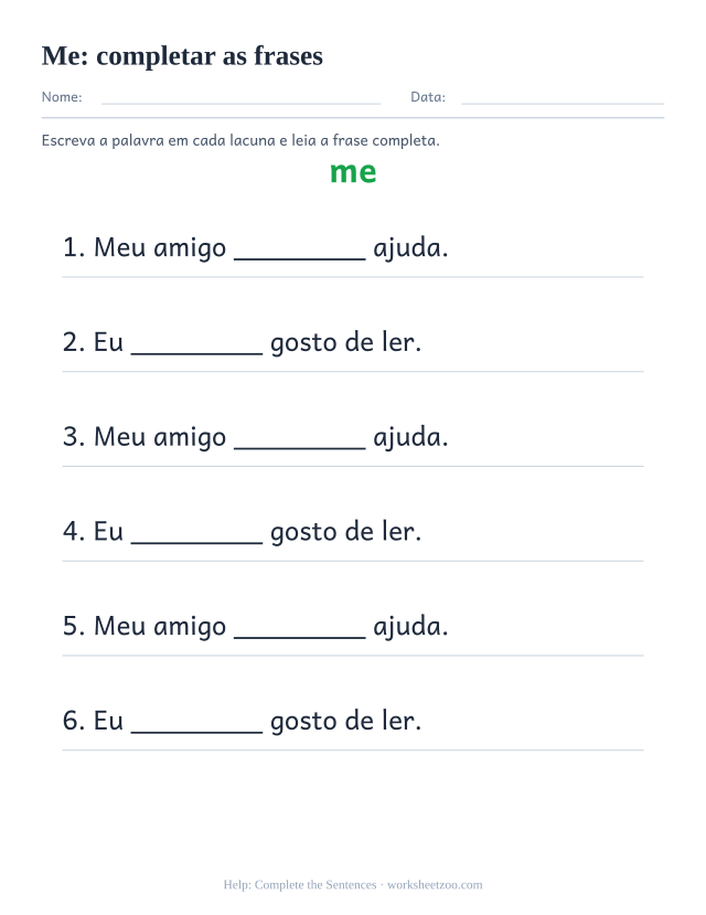 Prévia da palavra frequente “me”, completar as frases