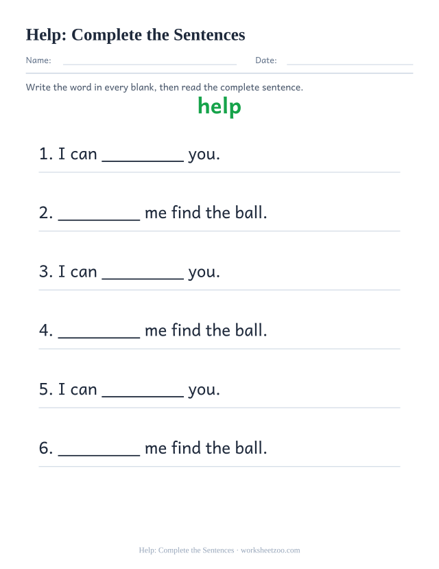 Sight word “help” worksheet, complete the sentences printable activity