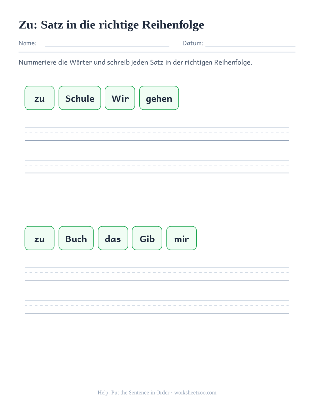 Vorschau: häufiges Wort „zu“, Satz in die richtige Reihenfolge