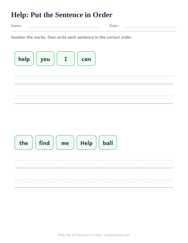 Sight word “help” worksheet, put the sentence in order printable activity