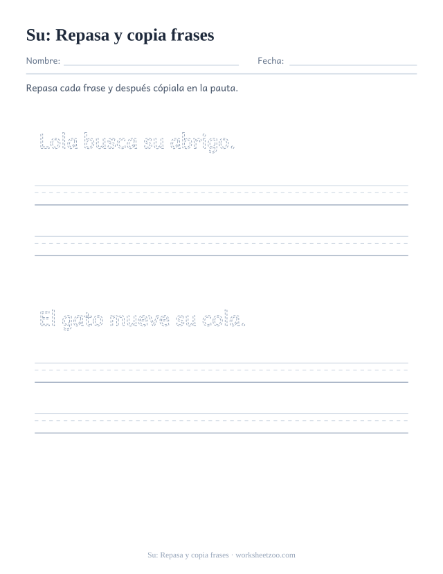 Ficha de la palabra frecuente «su», repasa y copia frases para imprimir