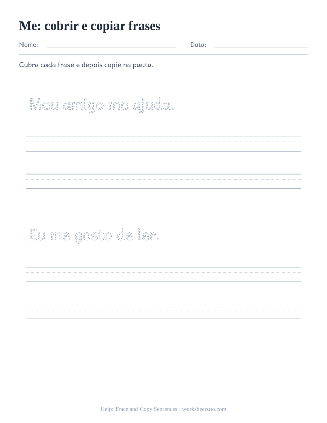 Prévia da palavra frequente “me”, cobrir e copiar frases