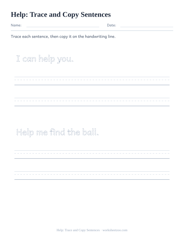 Sight word “help” worksheet, trace and copy sentences printable activity
