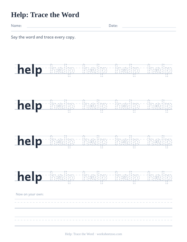 Sight word “help” worksheet, trace the word printable activity