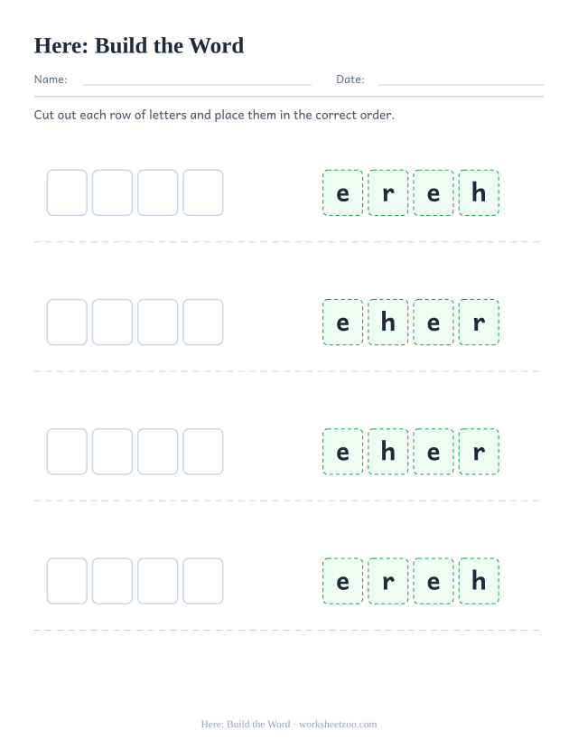 Sight word “here” worksheet, build the word printable activity