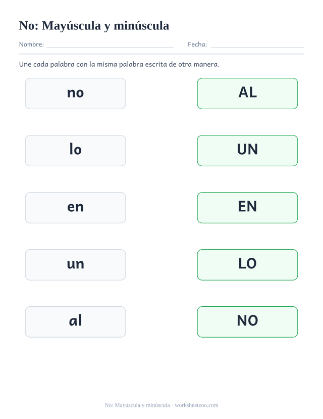 Ficha de la palabra frecuente «no», mayúscula y minúscula para imprimir