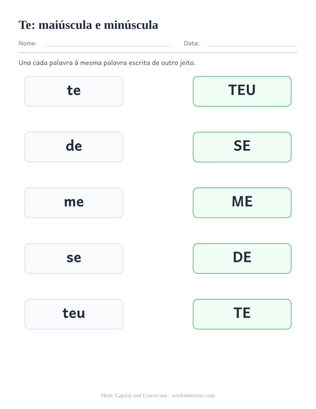 Prévia da palavra frequente “te”, maiúscula e minúscula