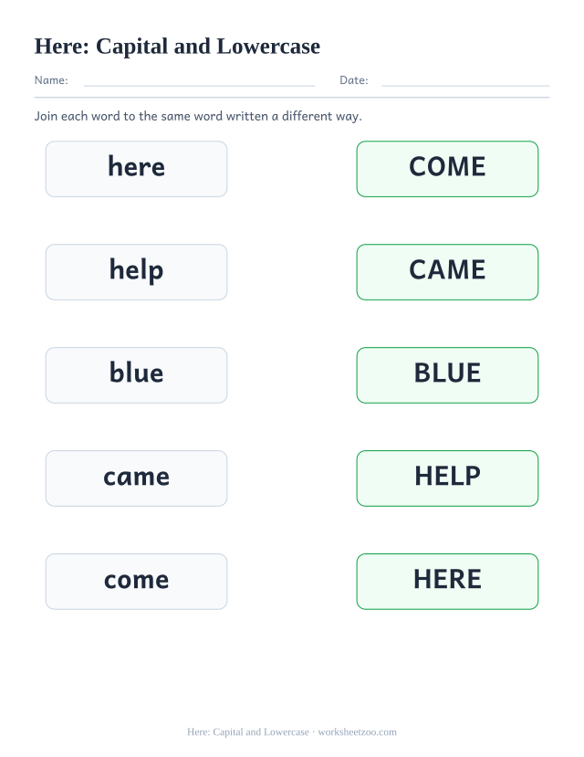 Sight word “here” worksheet, capital and lowercase printable activity