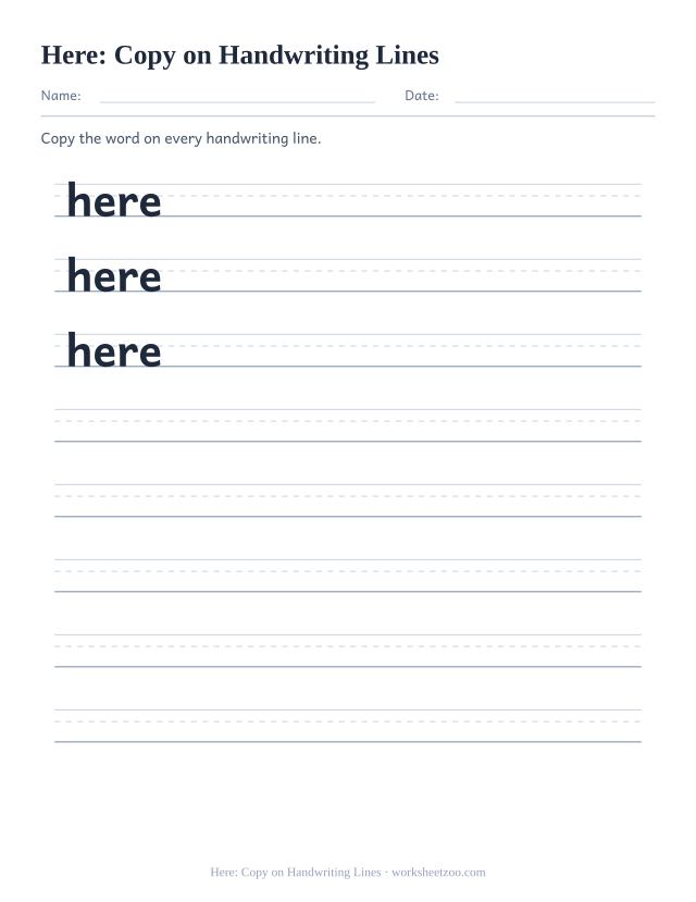Sight word “here” worksheet, copy on handwriting lines printable activity
