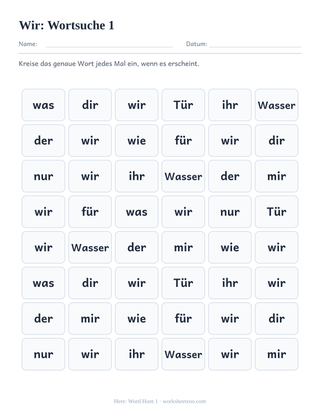 Vorschau: häufiges Wort „wir“, Wortsuche 1