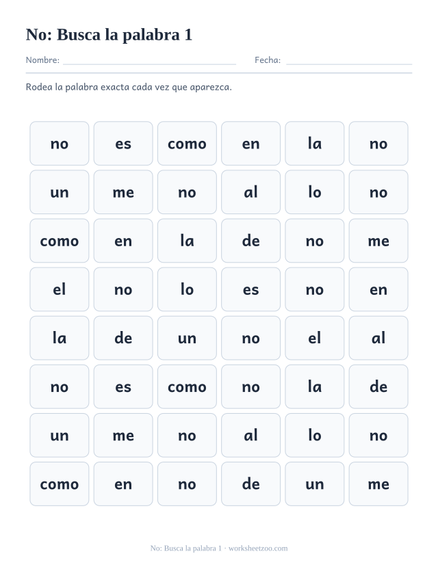 Ficha de la palabra frecuente «no», busca la palabra 1 para imprimir