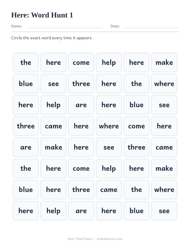 Sight word “here” worksheet, word hunt 1 printable activity