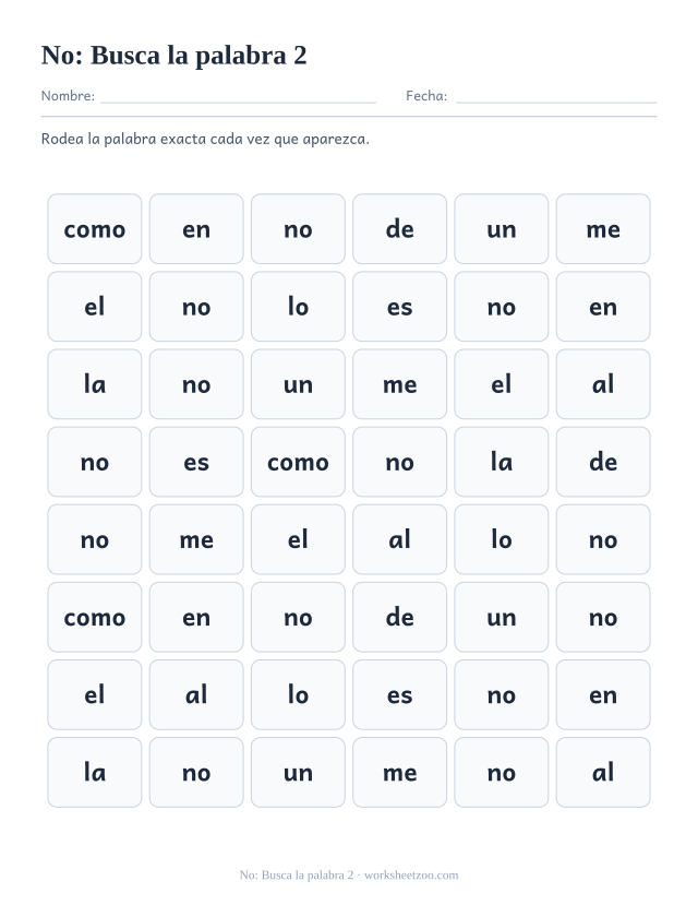 Ficha de la palabra frecuente «no», busca la palabra 2 para imprimir