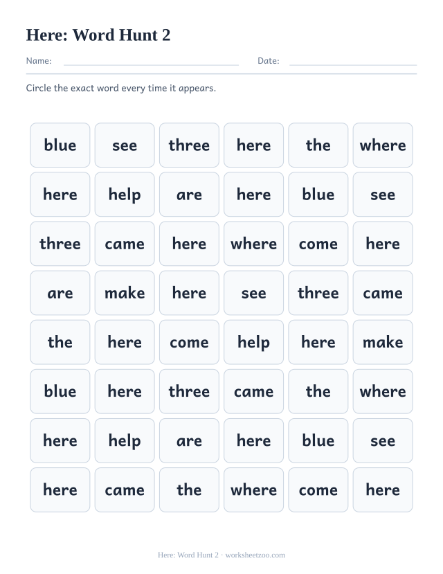 Sight word “here” worksheet, word hunt 2 printable activity