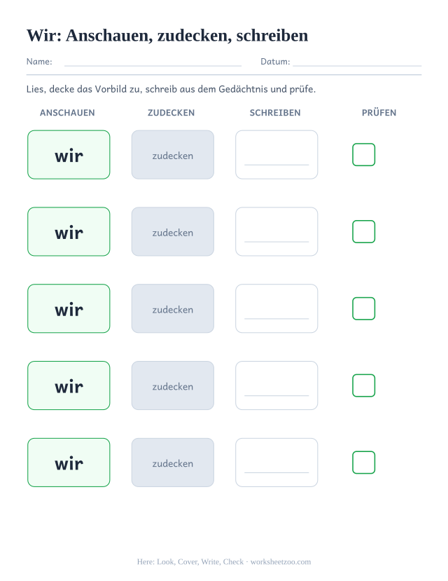 Vorschau: häufiges Wort „wir“, Anschauen, zudecken, schreiben