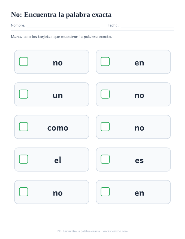 Ficha de la palabra frecuente «no», encuentra la palabra exacta para imprimir